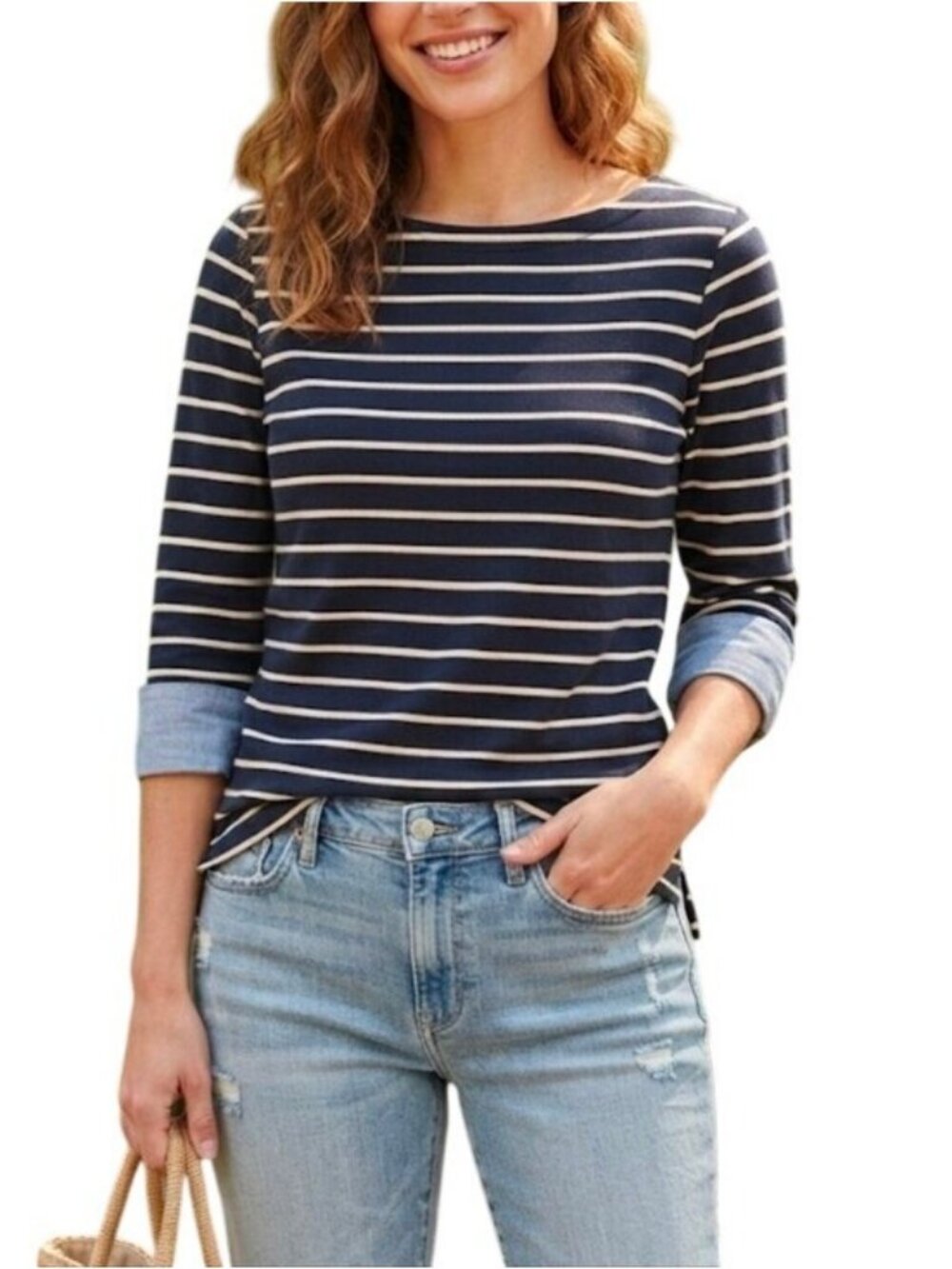 Nautica Women’s Striped Boat Neck 3/4 Sleeve Top Shirt Size Small